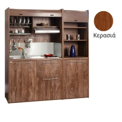 Πολυκουζίνα mini kitchen 190cm με μικρό ψυγείο & μικρό φουρνάκι απόχρωση κερασιάς για ξενώνες & γραφεία