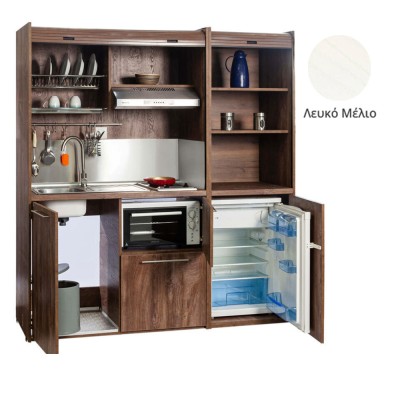 Πολυκουζίνα mini kitchen 190cm με μικρό ψυγείο & μικρό φουρνάκι απόχρωση λευκή για ξενώνες & γραφεία