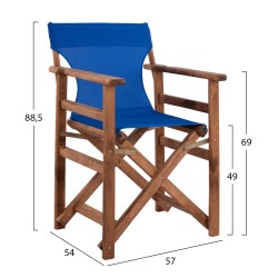 Καρέκλα σκηνοθέτη μπλε με σκελετό σε καρυδί χρώμα από μασίφ ξύλο οξιάς διαστάσεων 57x54x88,5cm ΛΗΜΝΟΣ