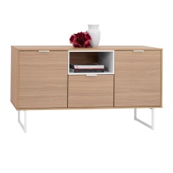 Μπουφές Antheia σε φυσικό χρώμα με λευκά μεταλλικά ποδιά διαστάσεων 140x40x75,5Υcm