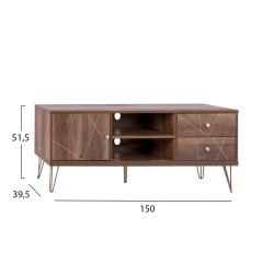 Έπιπλο τηλεόρασης Kaitlyn σε χρώμα καρυδί με χρυσό διαστάσεων 150x39,5x51,5Υcm