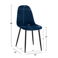 Καρέκλα βελούδινη σε μπλε χρώμα με μεταλλικά πόδια διαστάσεων 43x54x88Υcm LEONARDO