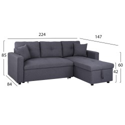 Καναπές γωνιά κρεβάτι Wayne 224x147x85hcm γκρι ύφασμα