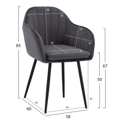 Πολυθρόνα Shara σε χρώμα γκρι βελούδινο με μαύρο μεταλλικό σκελετό διαστάσεων 58x60x85Ycm