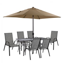 Σετ τραπεζαρία 8τμχ τραπέζι με πολυθρόνες Leon γκρι & ομπρέλα μόκα γκρι 
