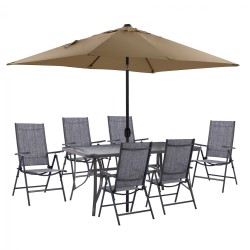 Σετ τραπεζαρία 8 τμχ τραπέζι με πολυθρόνες 7 θέσεων πτυσσόμενη & ομπρέλα σε χρώμα μόκα - γκρι 