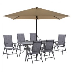 Σετ τραπεζαρία 8 τμχ τραπέζι με πολυθρόνες 7 θέσεων πτυσσόμενη & ομπρέλα σε χρώμα μόκα - γκρι  Σετ τραπεζαρία 8 τμχ τραπέζι με πολυθρόνες 7 θέσεων πτυσσόμενη & ομπρέλα σε χρώμα μόκα - γκρι