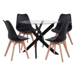 Σετ τραπεζαρίας 5 τεμάχια με τραπέζια διαστάσεων Φ90x74cm & 4 καρέκλες Vegas μαύρες