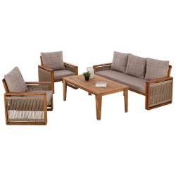 Σετ σαλονιού 4 τμχ εξωτερικού χώρου από μασίφ ξύλο Iroko - σχοινί μπεζ καρυδί