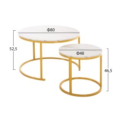 Τραπέζι σαλονιού σετ 2τμχ mdf εφέ λευκό μάρμαρο με χρυσά ποδιά φ80 και φ48cm