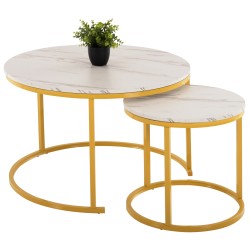 Τραπέζι σαλονιού σετ 2τμχ mdf εφέ λευκό μάρμαρο με χρυσά ποδιά φ80 και φ48cm Τραπέζι σαλονιού σετ 2τμχ mdf εφέ λευκό μάρμαρο με χρυσά ποδιά φ80 και φ48cm