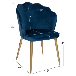 Καρέκλα τραπεζαρίας βελούδινη σε μπλε χρώμα με μεταλλικό χρυσό σκελετό διαστάσεων 48x48x85cm AVIE 