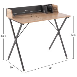 Γραφείο μεταλλικό σκούρο γκρι με MDF επιφάνεια σε Οak 90x50x73,5-85,5Υcm