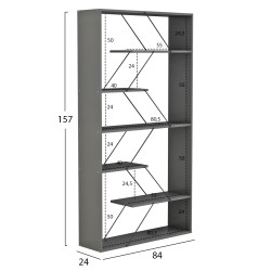 Βιβλιοθήκη Tars σε χρώμα γκρι μελαμίνης σε χρώμα μαύρο με μεταλλικές βέργες διαστάσεων 84x24x157Υcm