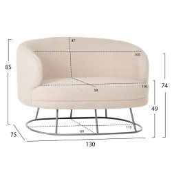 Καναπές διθέσιος Arien σε χρώμα λευκό μπουκλέ με ασημί βάση διαστάσεων 125x80x84Ycm