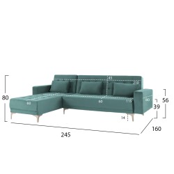 Καναπές - κρεβάτι γωνία με αναστρέψιμη γωνία Eliza σε χρώμα βεραμάν βελούδο διαστάσεων 245x160x80Υcm