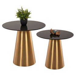 Βοηθητικά τραπεζάκια 2τμχ Rengi μέταλλο χρυσό - μαύρο κεραμικό Τop φ56 & φ43cm