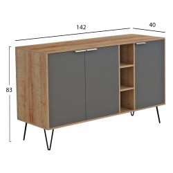 Μπουφές Cabron μελαμίνη σε φυσικό-ανθρακί-μαύρα μεταλλικά πόδια διαστάσεων 142x40x83Ycm