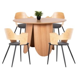 Σετ τραπεζαρίας 5τμχ στρογγυλό τραπέζι φυσικό δρυς  4 καρέκλες γκρι με μαύρα πόδια μεταλλικά 