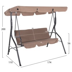 Κούνια 3θεσια με σκίαστρο likid με  μέταλλο γκρι και καφέ ύφασμα διαστάσεων 174x110x200Υ cm