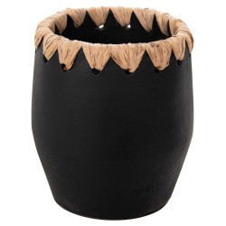 Διακοσμητικό βάζο τερακότα σε μαύρο με πλέξη ψάθας στο στόμιο Φ13x16hcm