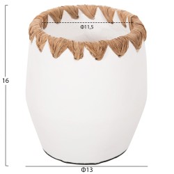 Διακοσμητικό βάζο τερακότα σε λευκό με πλέξη ψάθας στο στόμιο Φ13x16hcm