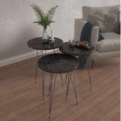 Σετ 3 βοηθητικά τραπεζάκια από μελαμίνη σε μαύρο μάρμαρο με μαύρα μεταλλικά πόδια NISSA