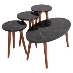 Σετ τραπέζι σαλονιού & 3 βοηθητικά τραπέζια Vital μελαμίνης μαύρο μάρμαρο - καρυδί πόδια