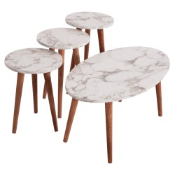 Σετ τραπέζι σαλονιού & 3 βοηθητικά τραπέζια Vital μελαμίνης λευκό μάρμαρο - καρυδί πόδια