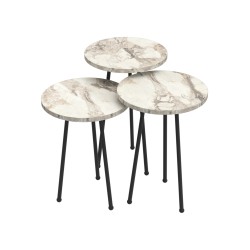 Βοηθητικά τραπεζάκια σετ 3 τεμαχίων από μελαμίνη σε λευκό μάρμαρο με μαύρα μεταλλικά πόδια KISSA 