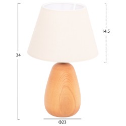 Επιτραπέζιο φωτιστικό conni με εκρού καπέλο και ξύλινη βάση διαστάσεων Φ23x34Υ cm.