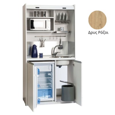 Πολυκουζίνα mini kitchen 105cm OFFICE απόχρωση δρυς ρόζοι με ψυγείο χωρίς φούρνο για ξενώνες, γραφεία & φοιτητικά studio